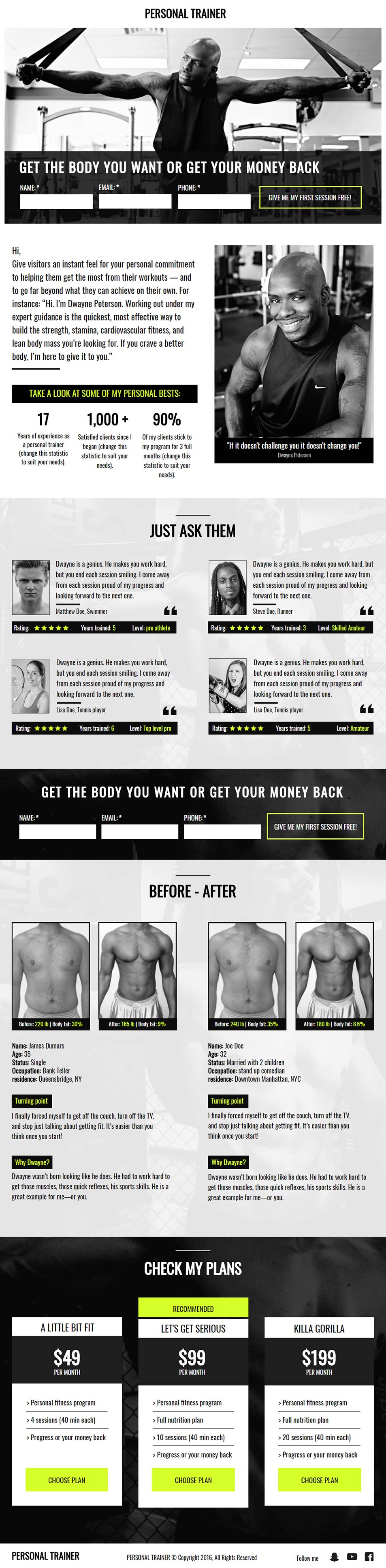 Landing page template: Personal trainer