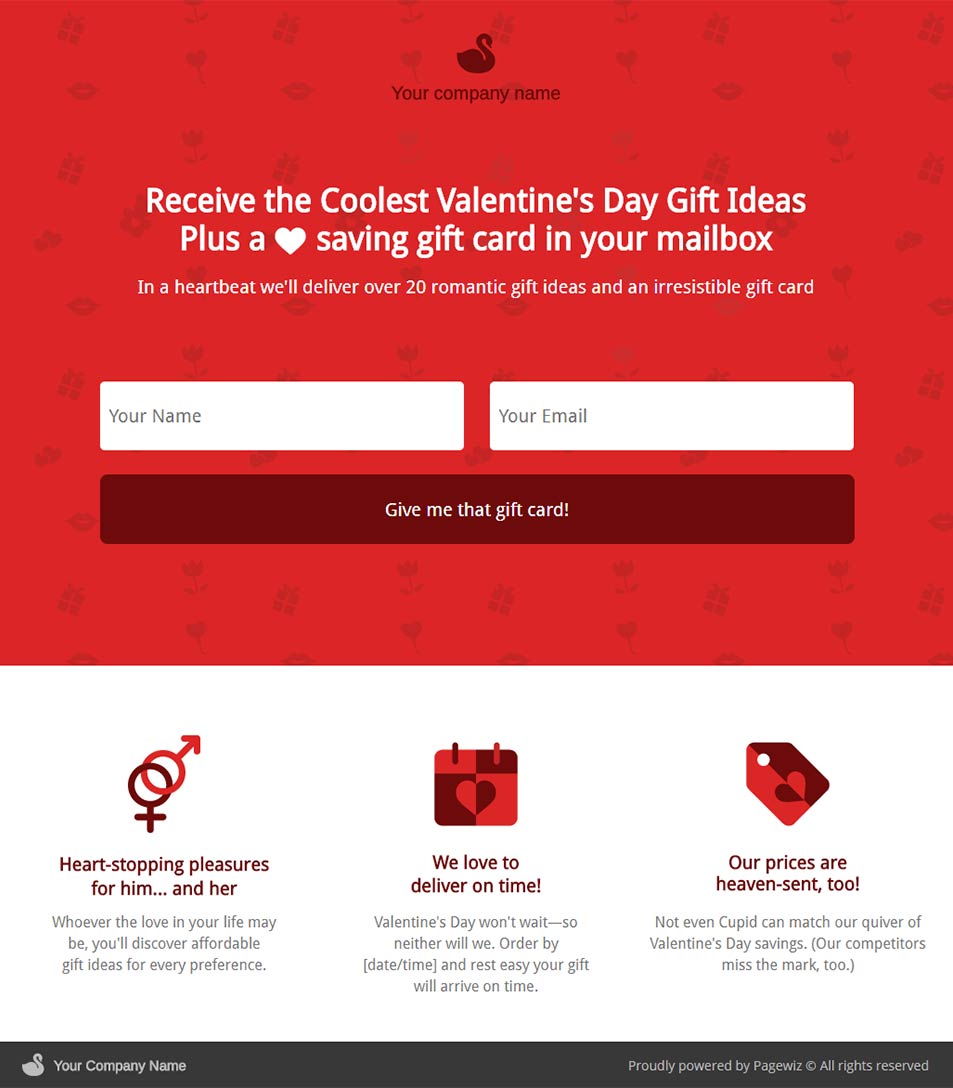Landing page template: Valentine's Day mailing list