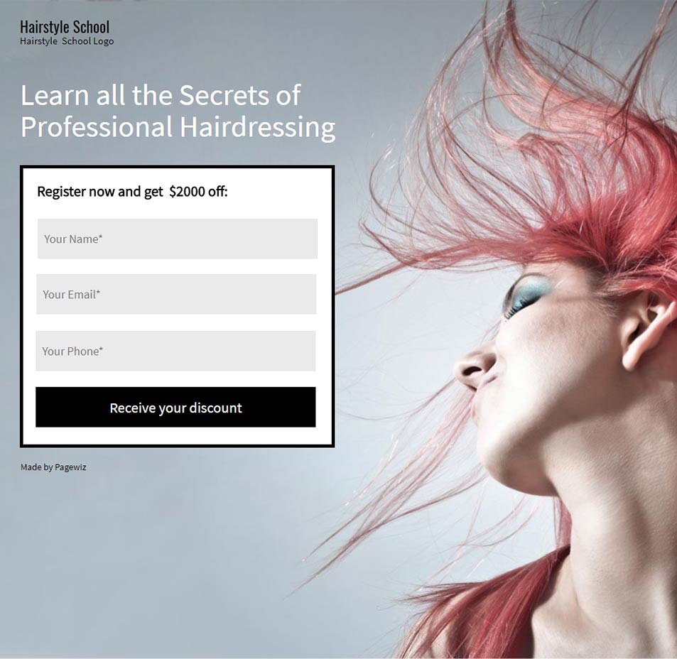 Landing page template: Beauty hairstyle school