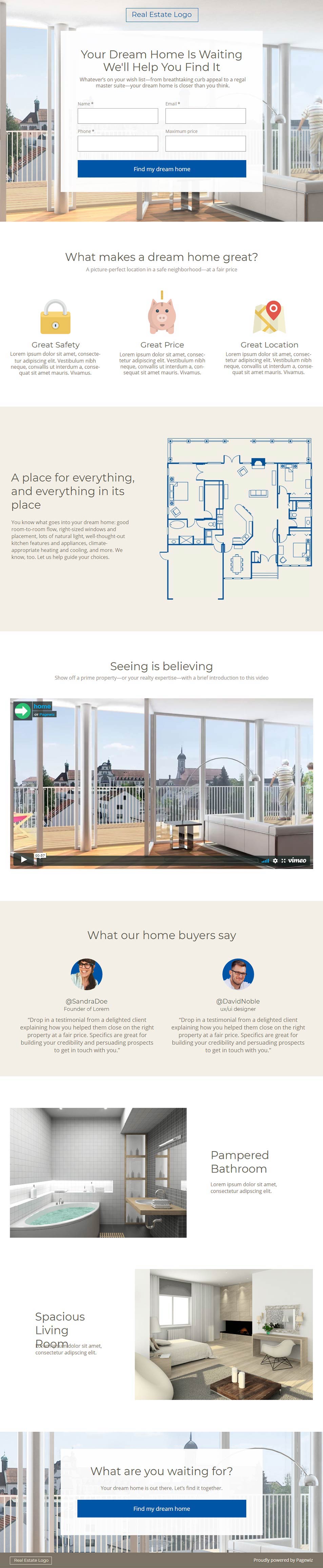 Landing page template: Blue-cream real estate