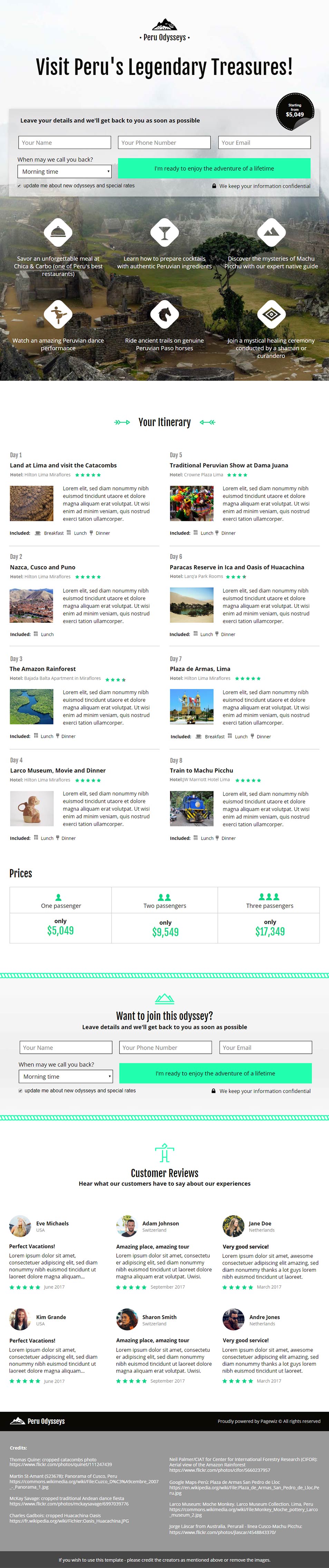 Landing page template: Visit Peru tour
