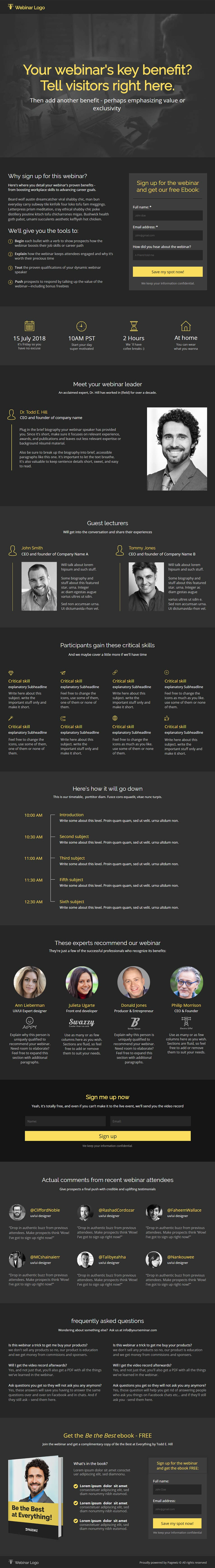 Landing page template: Noir Webinar + Free Ebook